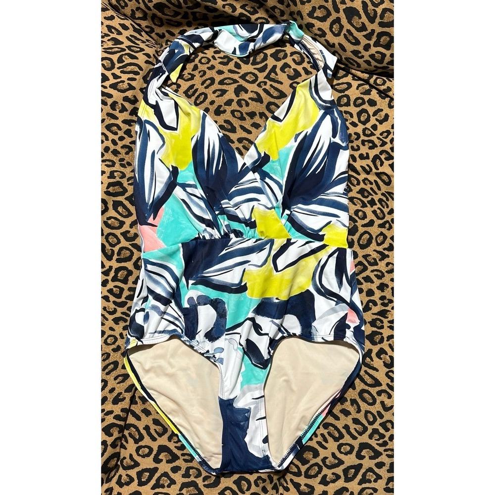 NEW Coastal Blue Women's Deep V Halter Abstract One Piece Swimsuit, Small